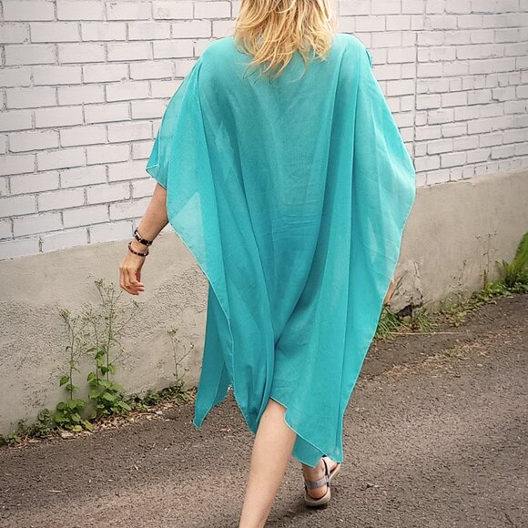 Vintage beach cover kaftan sheer brown or turquoise - Picture 2 of 2